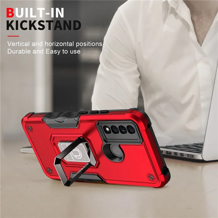 Ring Kickstand Drop-proof Anti-scratch Hybrid Hard PC + Soft TPU Mobile Phone Case Shell for TCL 20 XE - Red