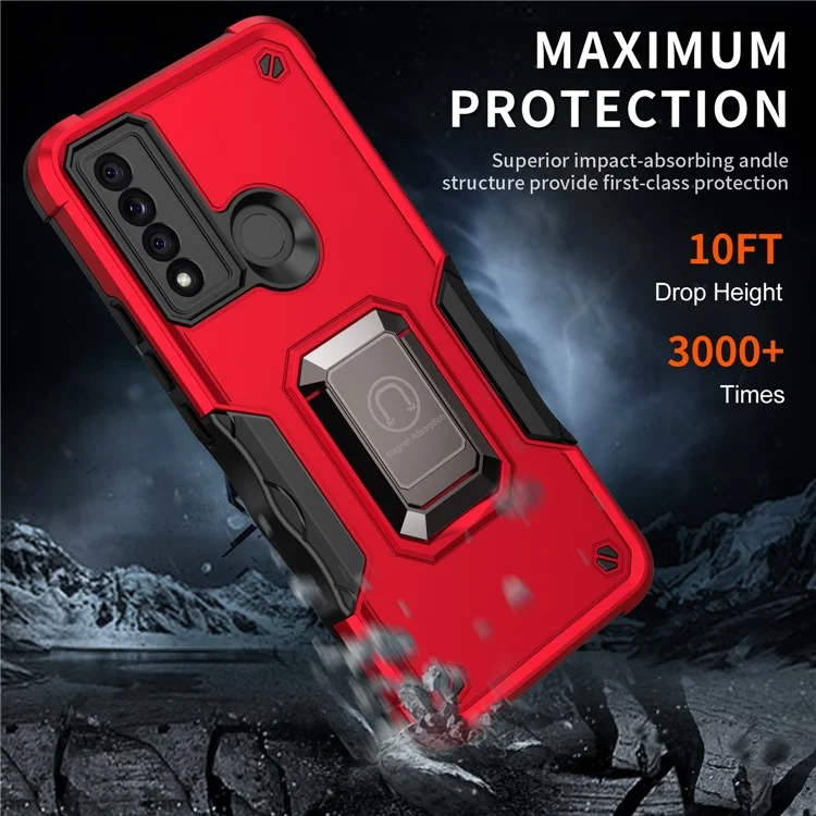 Ring Kickstand Drop-proof Anti-scratch Hybrid Hard PC + Soft TPU Mobile Phone Case Shell for TCL 20 XE - Red