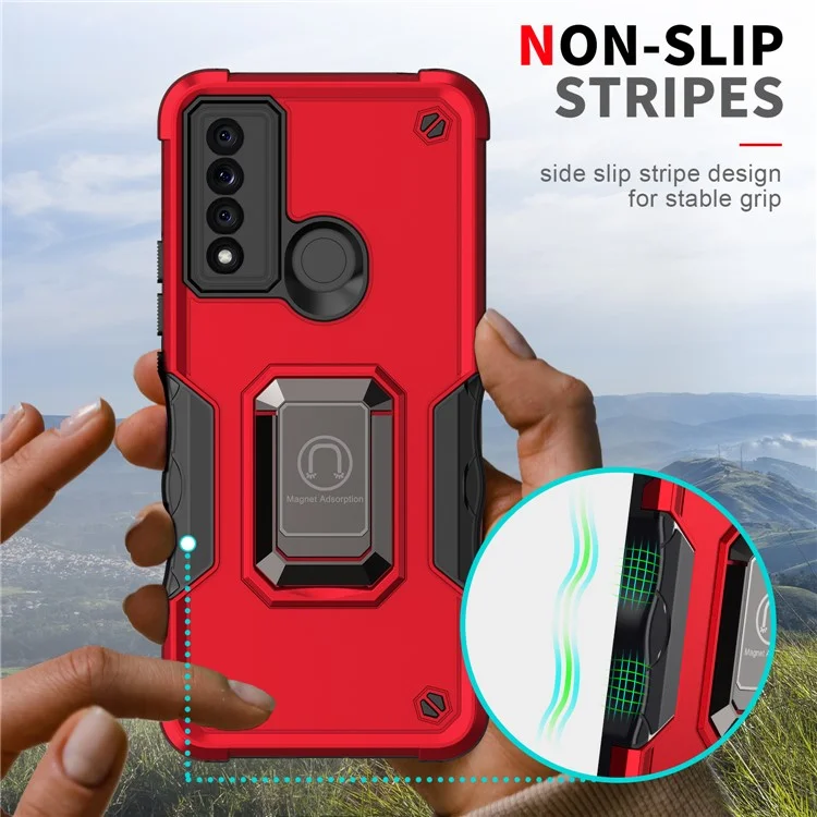 Ring Kickstand Drop-proof Anti-scratch Hybrid Hard PC + Soft TPU Mobile Phone Case Shell for TCL 20 XE - Red