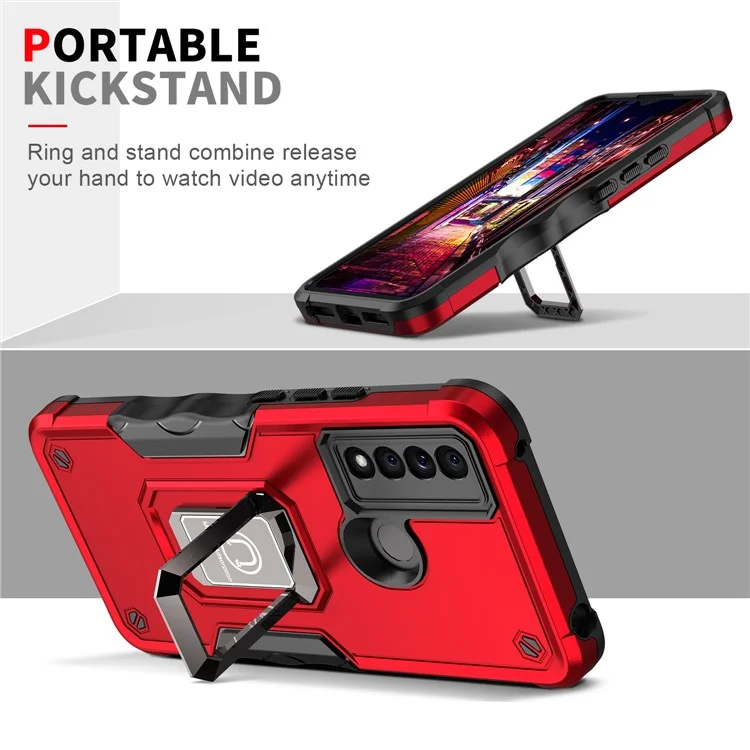 Ring Kickstand Drop-proof Anti-scratch Hybrid Hard PC + Soft TPU Mobile Phone Case Shell for TCL 20 XE - Black