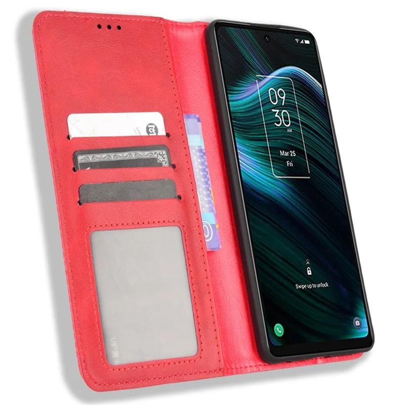 Wallet Stand Retro Texture Leather Case for TCL Stylus 5G, Magnetic Auto Closure Phone Cover - Red