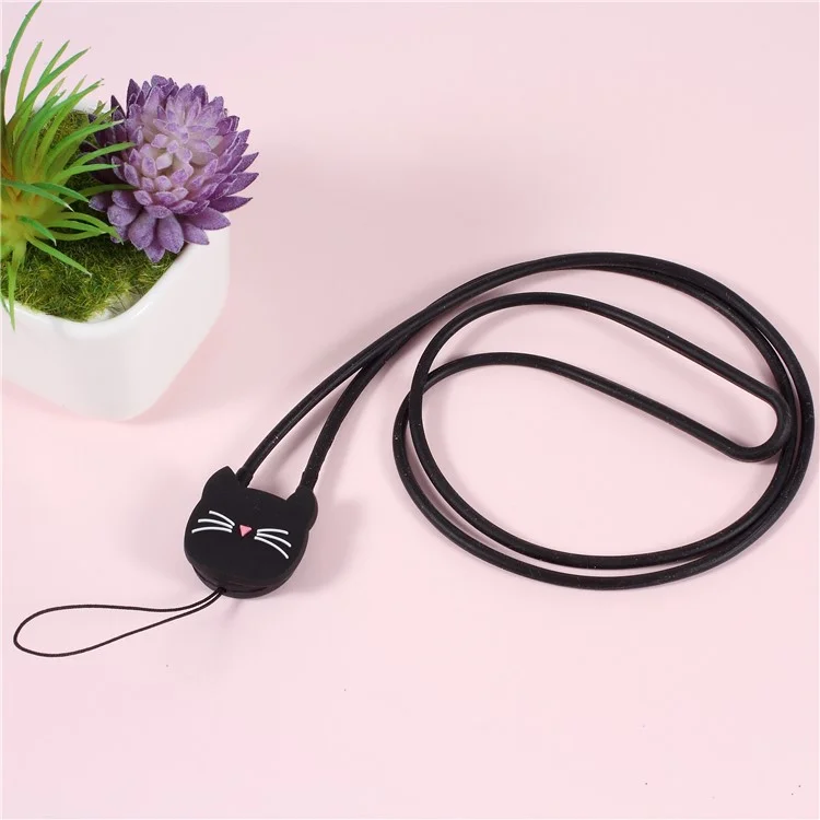 Cute Cat Pattern Flexible Silicone Mobile Chain Lanyard for iPhone Samsung Huawei etc - Black