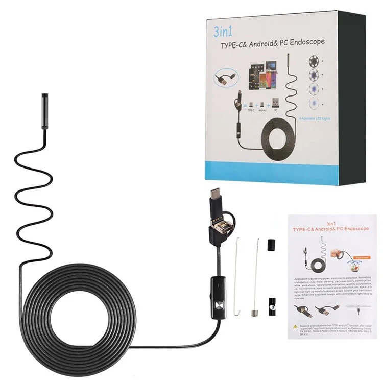 3.5M 7mm 6-LED Soft Cable USB Endoscope Borescope Inspection Camera for Android Phone with OTG/Type-C Device/PC