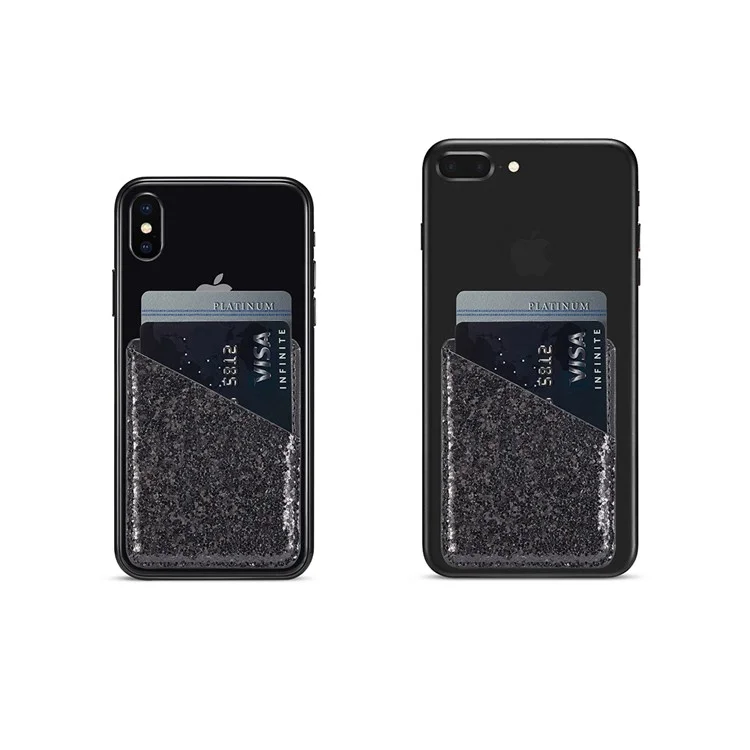 Glittery Sequins PU Leather Adhesive Stick-on Credit Card Holder for Phone - Black