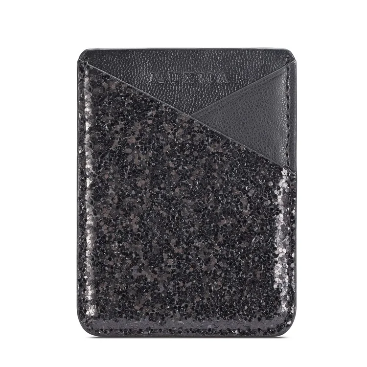 Glittery Sequins PU Leather Adhesive Stick-on Credit Card Holder for Phone - Black