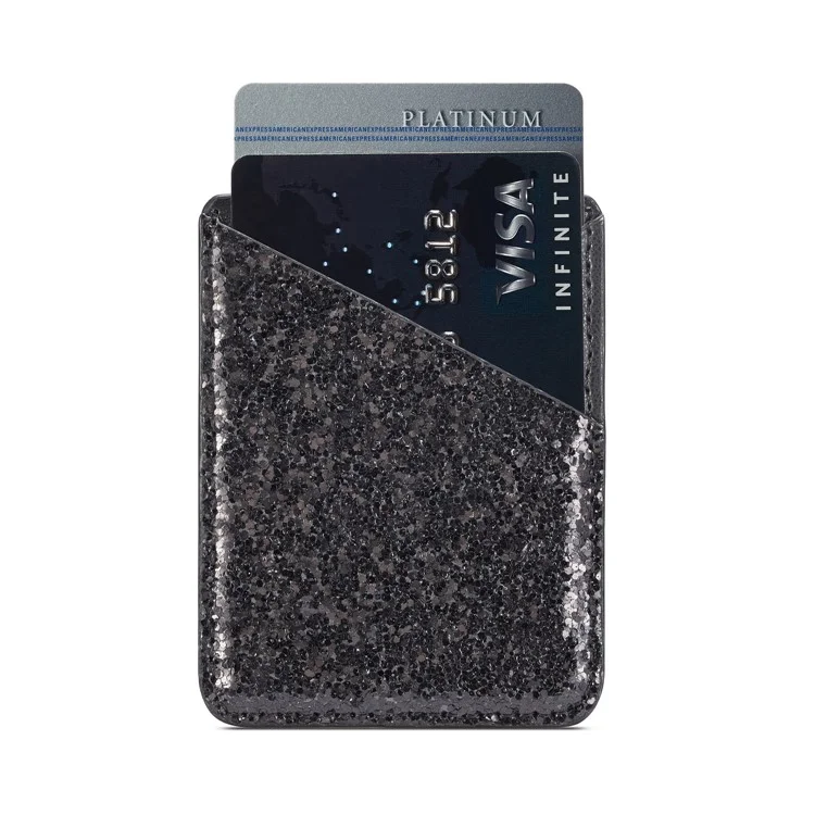 Glittery Sequins PU Leather Adhesive Stick-on Credit Card Holder for Phone - Black