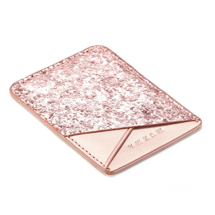 Glittery Sequins PU Leather Adhesive Stick-on Credit Card Pouch for Phone - Rose Gold