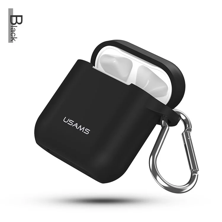 USAMS US-BH423 Shock-proof Silicone Protective Case for Apple AirPods Charging Case with Lanyard and Carabiner - Black