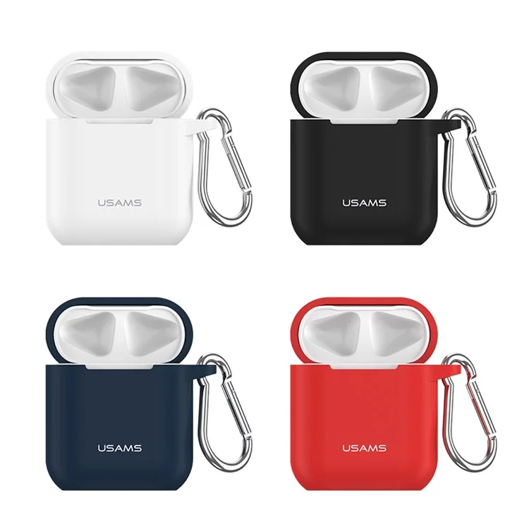 USAMS US-BH423 Shock-proof Silicone Protective Case for Apple AirPods Charging Case with Lanyard and Carabiner - Black