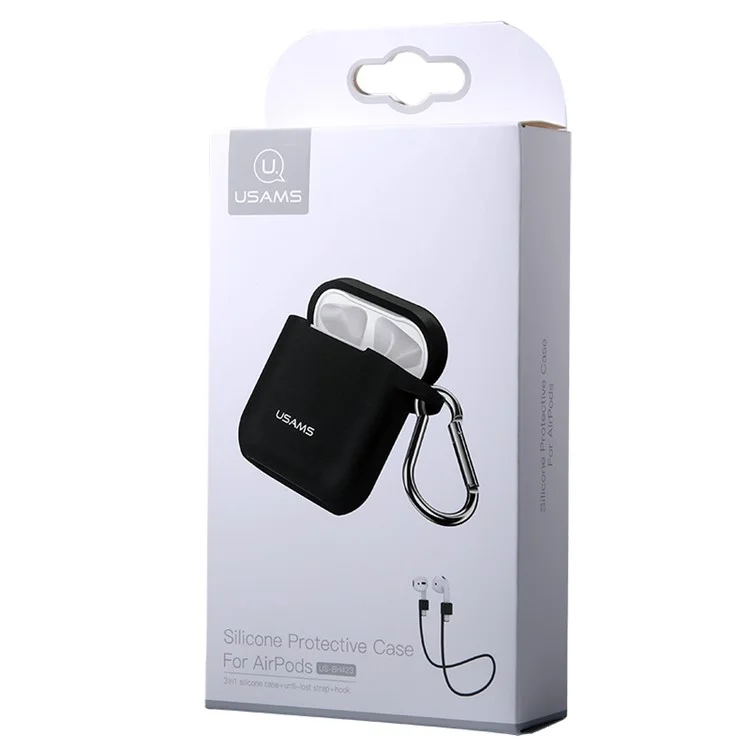 USAMS US-BH423 Shock-proof Silicone Protective Case for Apple AirPods Charging Case with Lanyard and Carabiner - Black
