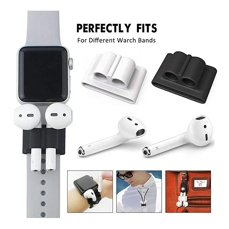 Rubberized Silicone Protective Sleeve Watch Band Holder for Apple AirPods Wireless Earphones - Black