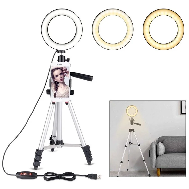 5.7 inch LED Ring Light 3 Light Modes 10 Brightness Levels LED Lamp with Tripod Stand for Video Shooting Makeup - Silver