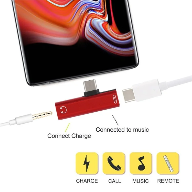 2 in 1 Type-C Male Head to Type-C Female Head 3.5mm Jack Charging Listening Adapter - Red