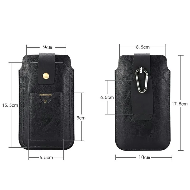 Cubierta De La Caja De La Bolsa De Cuero Con El Carabiner Para El Teléfono Inteligente De 4.7-5.5 Pulgadas - Negro