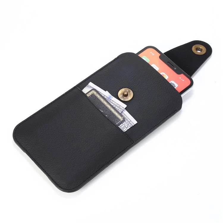 Top Layer Cowhide Leather Pouch Case for 6.5 inches Smartphone [Simple Type 1] - Black