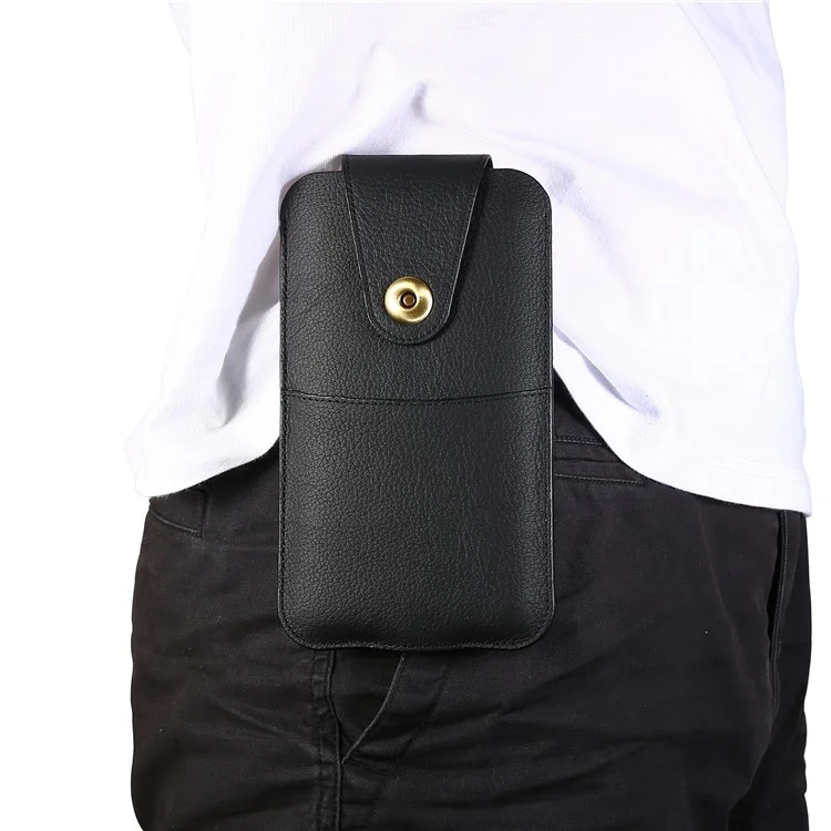 Top Layer Cowhide Leather Waist Pouch for 5.8 inches Smartphones [Simple Type 1] - Black