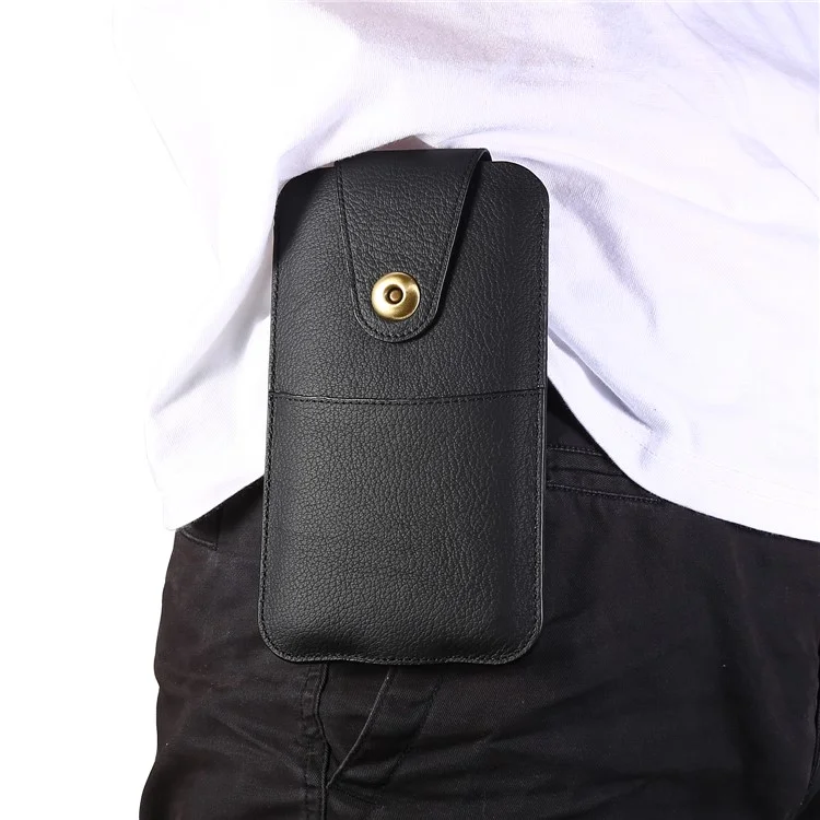 Top Layer Cowhide Leather Waist Pouch for 5.8 inches Smartphones [Simple Type 1] - Black