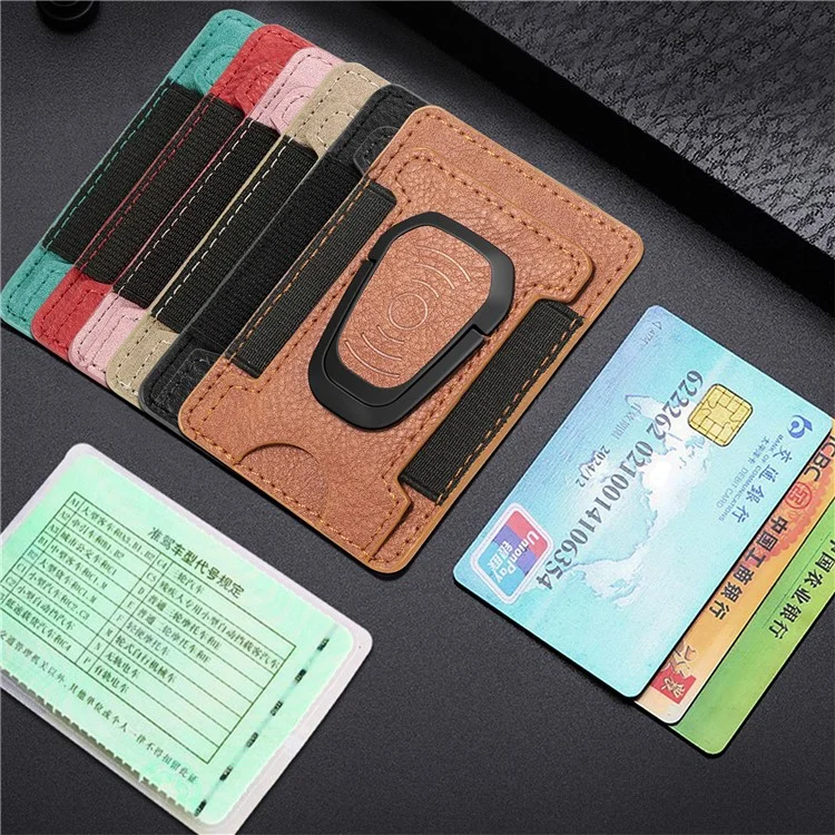 Litchi Texture PU Leather Mobile Phone Back Stick Bracket Card Bag - Brown