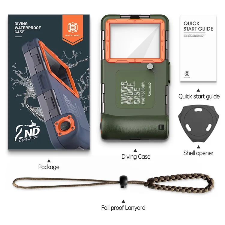 SHELLBOX Diving Case II 15m Underwater Universal Full Body Phone Shell IPX8 Waterproof Cover with Anti-lost Rope - Green