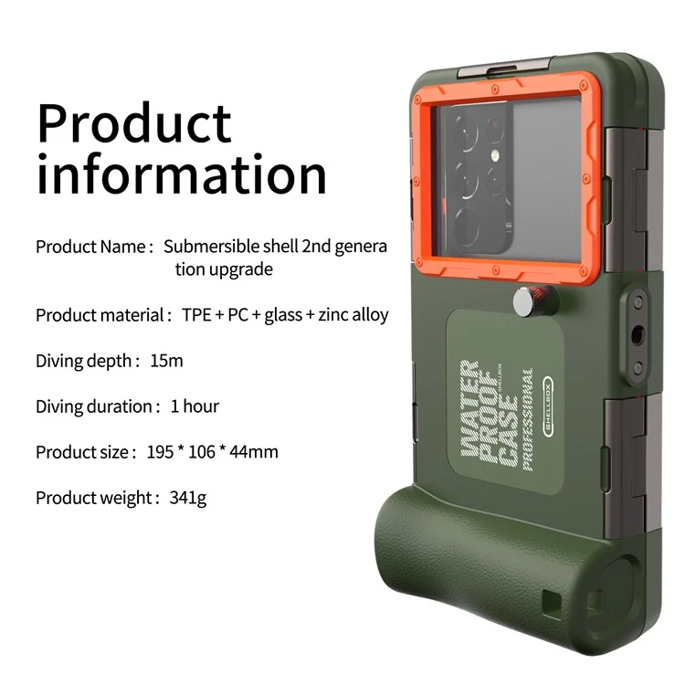 SHELLBOX Diving Case II 15m Underwater Universal Full Body Phone Shell IPX8 Waterproof Cover with Anti-lost Rope - Green