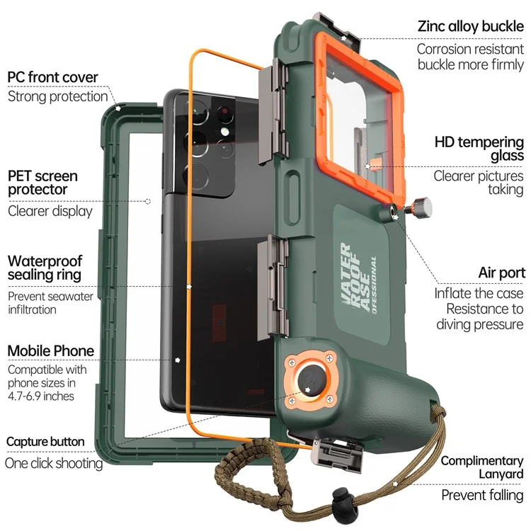 SHELLBOX Diving Case II 15m Underwater Universal Full Body Phone Shell IPX8 Waterproof Cover with Anti-lost Rope - Green