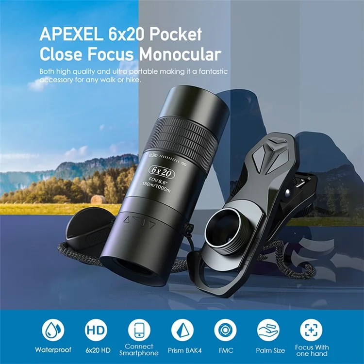 APEXEL APL-JS Lentes Telefoto Mini Monocular de Zoom 6X para Smartphones, com Cordão para Turismo, Camping e Observação de Pássaros