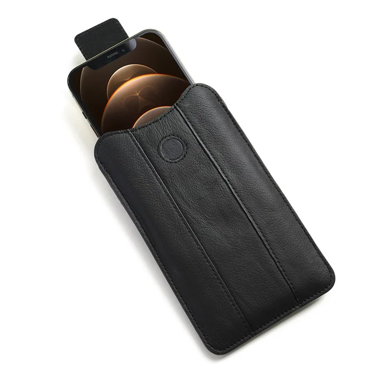Top Layer Cowhide Leather Cell Phone Belt Clip Holster Cover Pouch Case Waist Bag for 5.5-6.5 inch Phone - Black