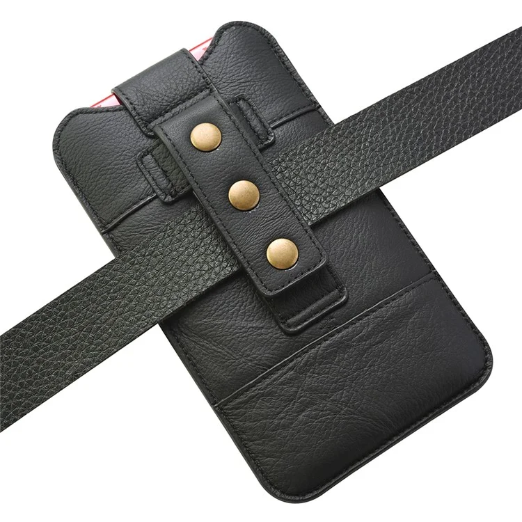 Top Layer Cowhide Leather 6.4-7.2 inch Mobile Phone Waist Belt Clip Bag Vertical Holster Pouch - Black