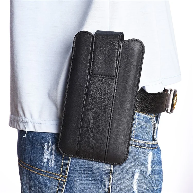 Top Layer Cowhide Leather 6.4-7.2 inch Mobile Phone Waist Belt Clip Bag Vertical Holster Pouch - Black