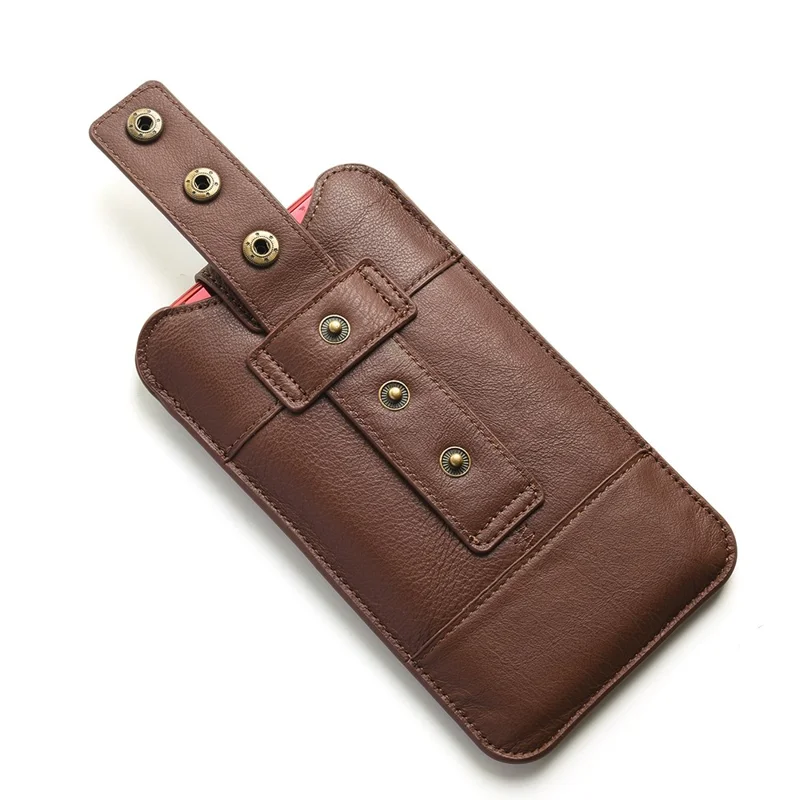 Top Layer Cowhide Leather 6.4-7.2 inch Mobile Phone Waist Belt Clip Bag Vertical Holster Pouch - Coffee