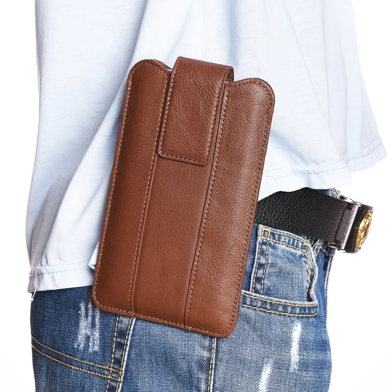 Top Layer Cowhide Leather 6.4-7.2 inch Mobile Phone Waist Belt Clip Bag Vertical Holster Pouch - Coffee