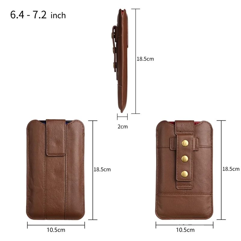 Top Layer Cowhide Leather 6.4-7.2 inch Mobile Phone Waist Belt Clip Bag Vertical Holster Pouch - Coffee