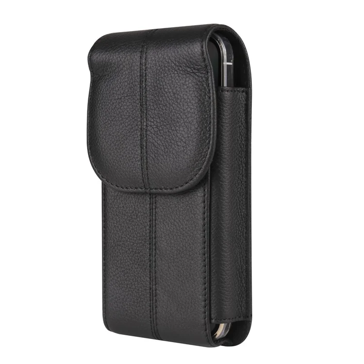 Bolso De La Cintura Del Teléfono Celular Vertical Para Teléfono De 7,2 Pulgadas, Caja De Cinturón De Cuero De Cuero De Vaca Con Gancho - Negro