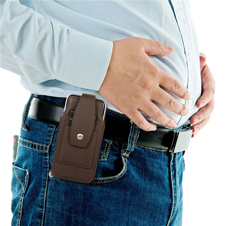Sac de taille en cuir PU pour téléphones de 6,7 pouces et moins, étui de téléphone portable universel avec boucle de ceinture verticale, porte-cartes et mousqueton - Café