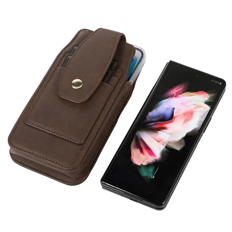 Sac de taille en cuir PU pour téléphones de 6,7 pouces et moins, étui de téléphone portable universel avec boucle de ceinture verticale, porte-cartes et mousqueton - Café
