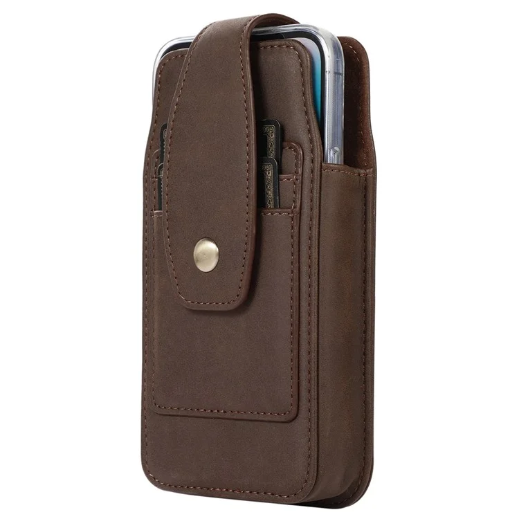 Sac de taille en cuir PU pour téléphones de 6,7 pouces et moins, étui de téléphone portable universel avec boucle de ceinture verticale, porte-cartes et mousqueton - Café