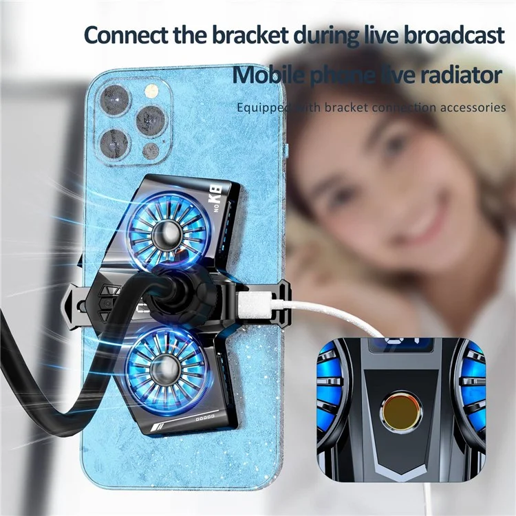 K8 Cell Phone Radiator Coolers Universal Mobile Phone Cooling Fan with Digital Display/Clip for Playing Games, Live Streaming