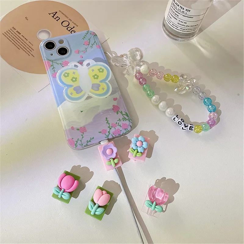 Niedliche Muster-ladungskabel-beschützer Usb-datenkabel Chomper Usb-ladegerät Für Blitz, Typ-c, Mikro-usb-drähte - Rose Tulp