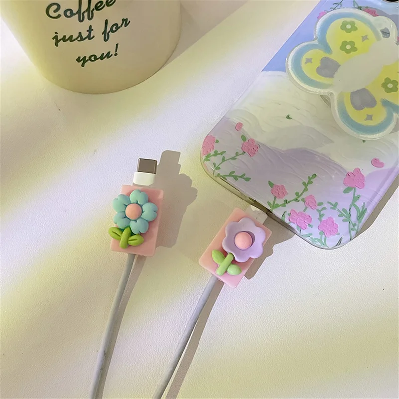 Niedliche Muster-ladungskabel-beschützer Usb-datenkabel Chomper Usb-ladegerät Für Blitz, Typ-c, Mikro-usb-drähte - Rose Tulp