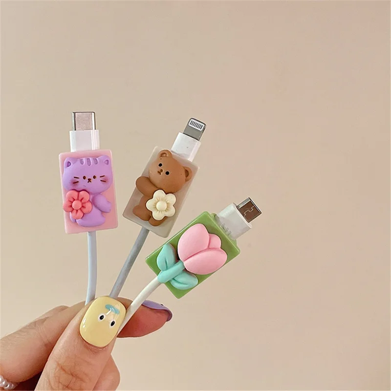Niedliche Muster-ladungskabel-beschützer Usb-datenkabel Chomper Usb-ladegerät Für Blitz, Typ-c, Mikro-usb-drähte - Rose Tulp