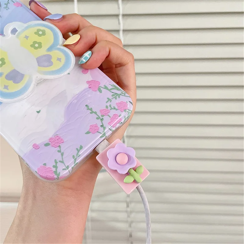 Niedliche Muster-ladungskabel-beschützer Usb-datenkabel Chomper Usb-ladegerät Für Blitz, Typ-c, Mikro-usb-drähte - Rose Tulp