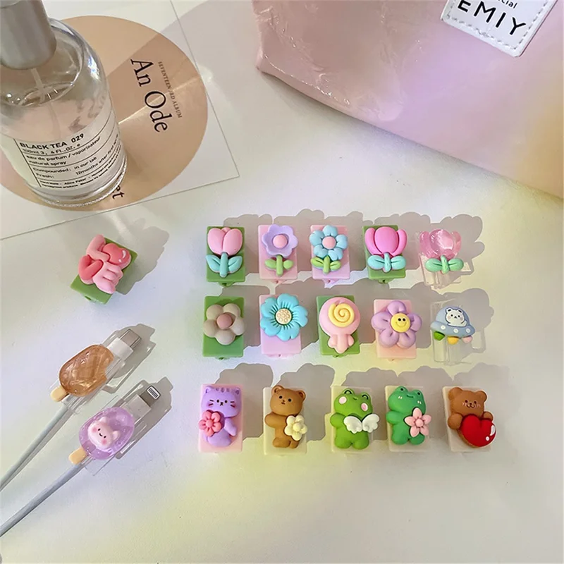 Niedliche Muster-ladungskabel-beschützer Usb-datenkabel Chomper Usb-ladegerät Für Blitz, Typ-c, Mikro-usb-drähte - Rose Tulp