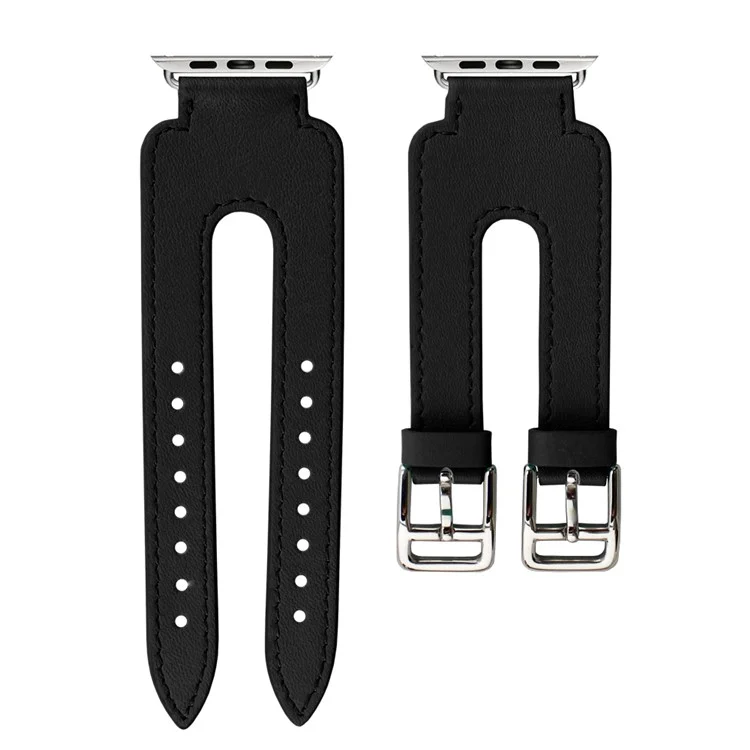 Genuine Leather Double Buckle Cuff Watch Band for Apple Watch 42mm Series 1 Series 2 - Black