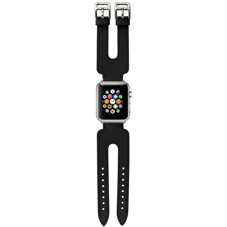 Genuine Leather Double Buckle Cuff Watch Band for Apple Watch 42mm Series 1 Series 2 - Black