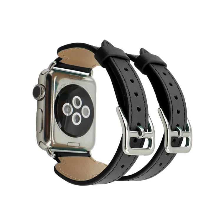 Genuine Leather Double Buckle Cuff Watch Band for Apple Watch 42mm Series 1 Series 2 - Black