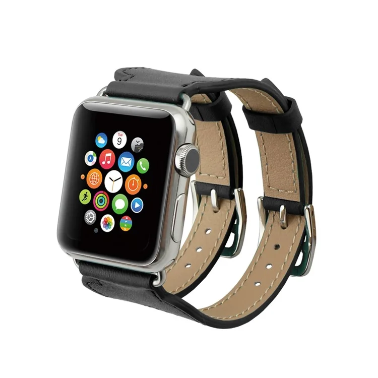 Genuine Leather Double Buckle Cuff Watch Band for Apple Watch 42mm Series 1 Series 2 - Black