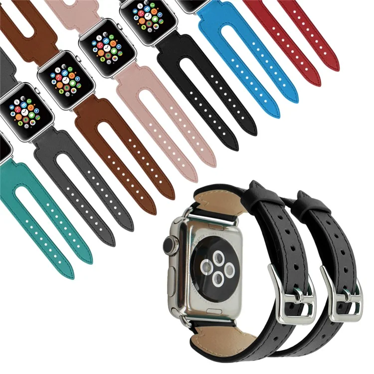 Genuine Leather Double Buckle Cuff Watch Band for Apple Watch 42mm Series 1 Series 2 - Black
