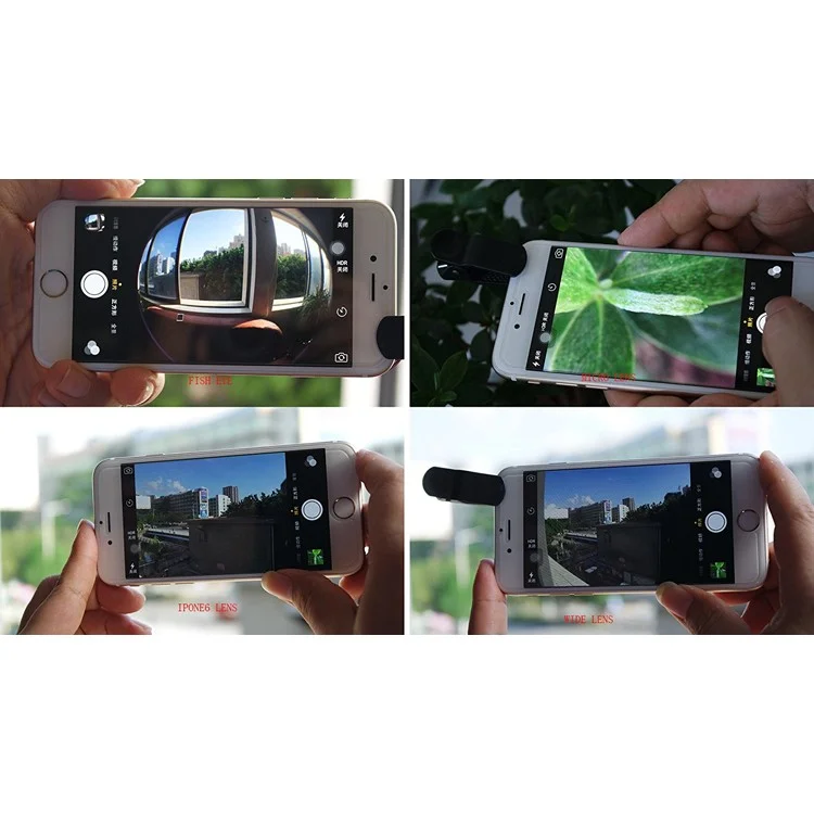 Universal Clip-on 3-in-1 Mobile Phone Camera Lens Kit 180° Fish Eye Lens + 0.67X Wide Angle Lens + Macro Lens - Black