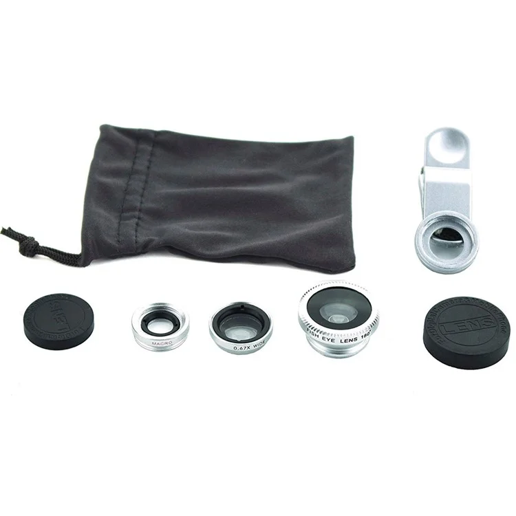 Universal Clip-on 3-in-1 Mobile Phone Camera Lens Kit 180° Fish Eye Lens + 0.67X Wide Angle Lens + Macro Lens - Black