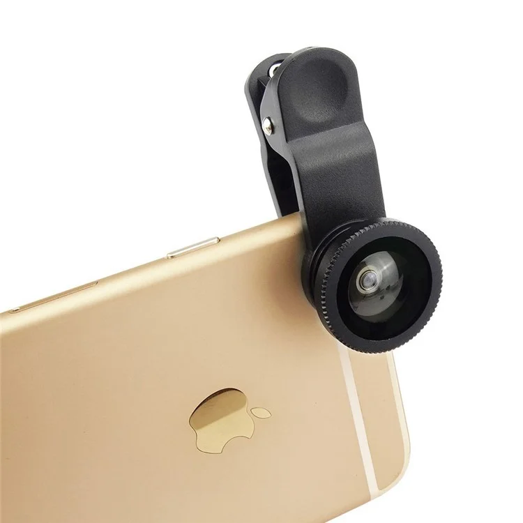 Universal Clip-on 3-in-1 Mobile Phone Camera Lens Kit 180° Fish Eye Lens + 0.67X Wide Angle Lens + Macro Lens - Black
